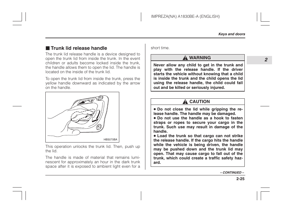 Trunk lid release handle | Subaru 2002 Impreza User Manual | Page 110 / 390