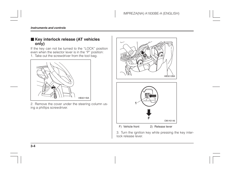 Key interlock release (at vehicles only), J key interlock release (at vehicles only) | Subaru 2002 Impreza User Manual | Page 117 / 390