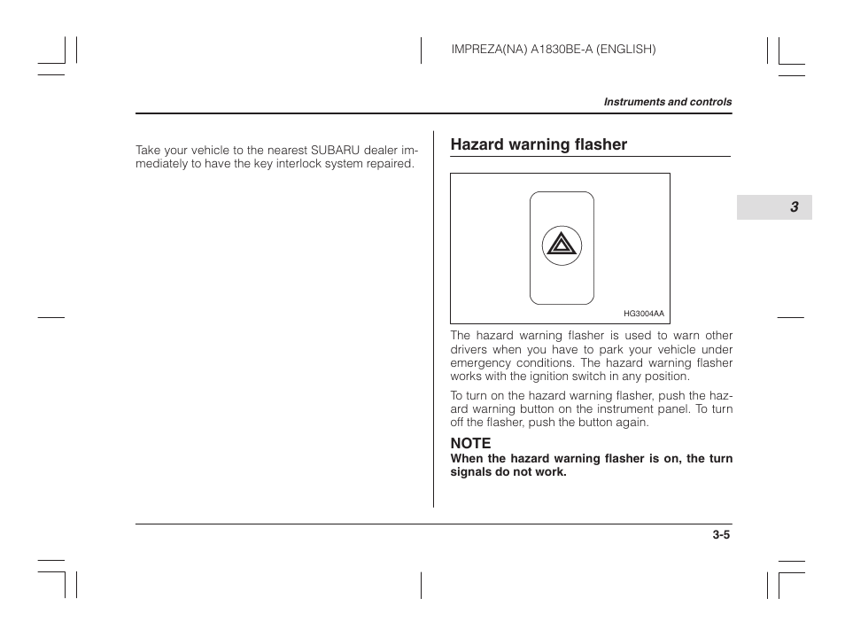 Hazard warning flasher | Subaru 2002 Impreza User Manual | Page 118 / 390