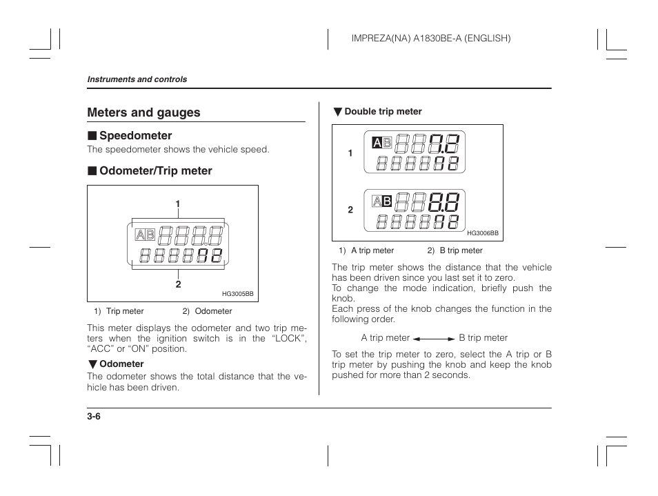Meters and gauges, Speedometer, Odometer/trip meter | Subaru 2002 Impreza User Manual | Page 119 / 390