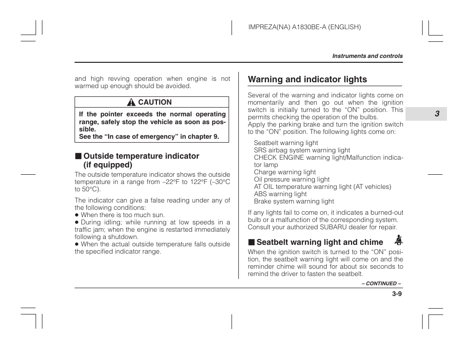 Outside temperature indicator, If equipped), Warning and indicator lights | Seatbelt warning light and chime | Subaru 2002 Impreza User Manual | Page 122 / 390