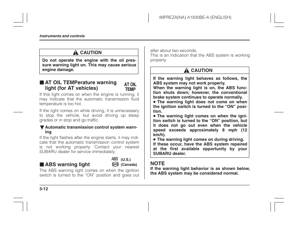 At oil temperature warning light, For at vehicles), Abs warning light | Subaru 2002 Impreza User Manual | Page 125 / 390
