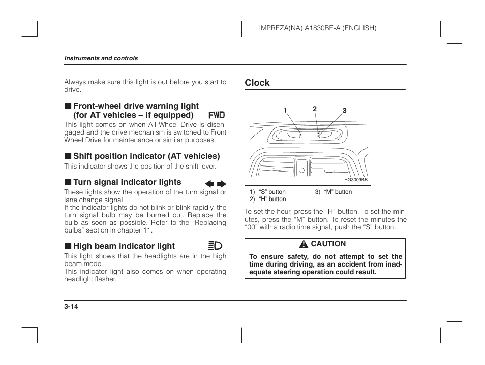 Front-wheel drive warning light, For at vehicles – if equipped), Shift position indicator (at vehicles) | Turn signal indicator lights, High beam indicator light, Clock | Subaru 2002 Impreza User Manual | Page 127 / 390