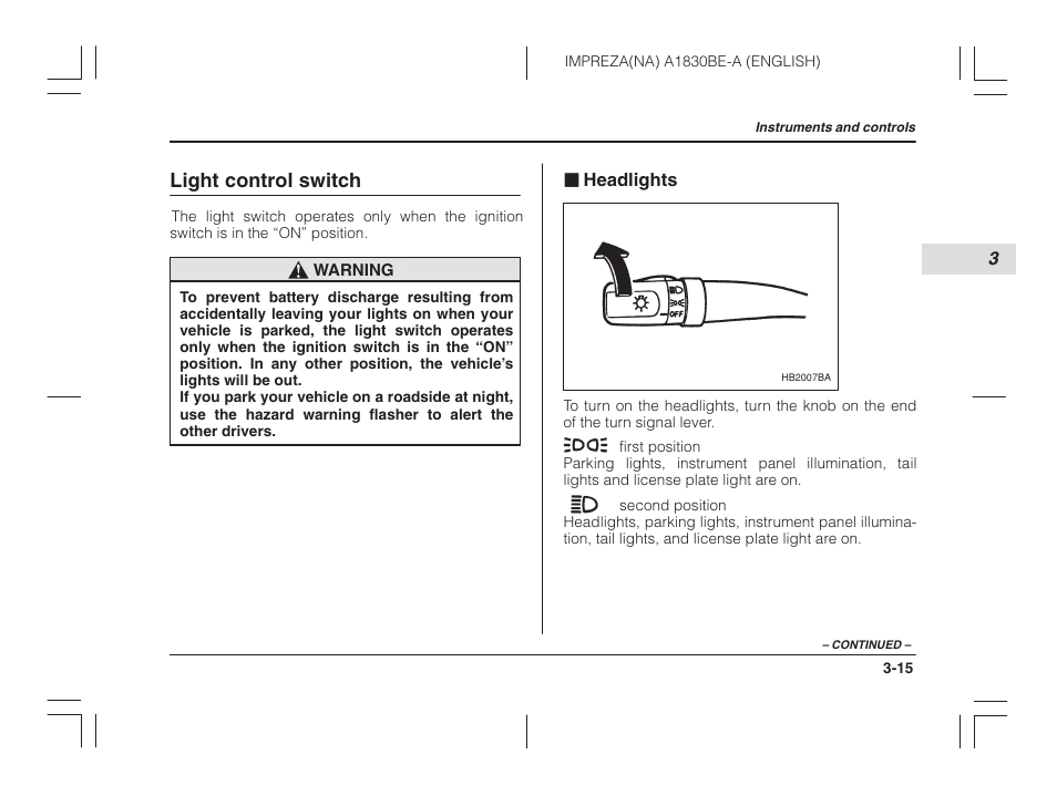 Light control switch, Headlights | Subaru 2002 Impreza User Manual | Page 128 / 390