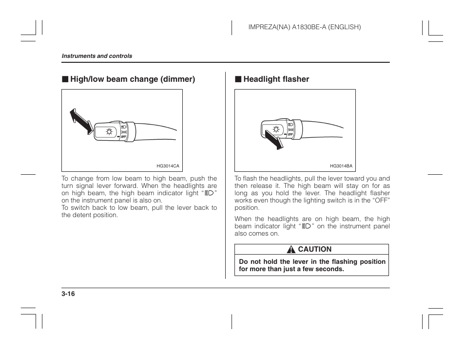 High/low beam change (dimmer), Headlight flasher | Subaru 2002 Impreza User Manual | Page 129 / 390