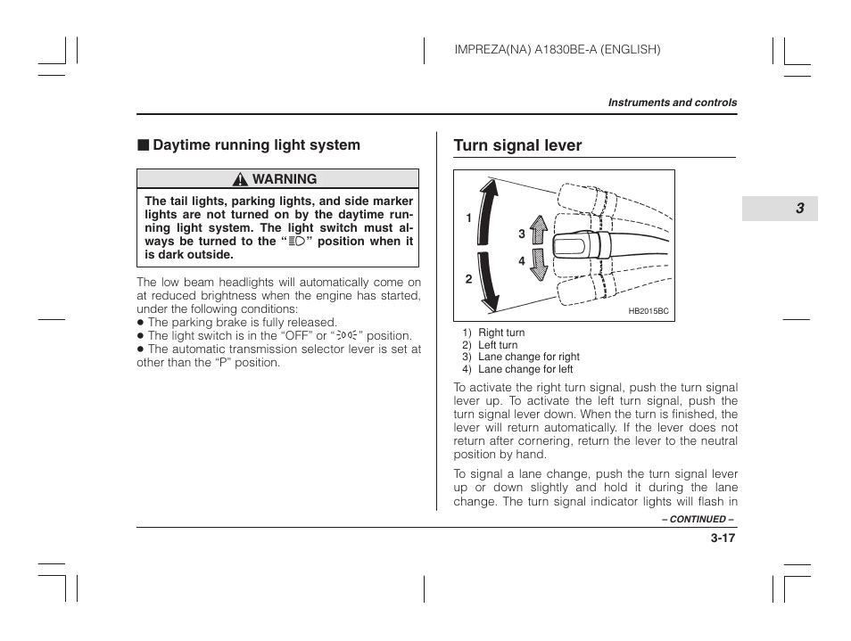 Daytime running light system, Turn signal lever | Subaru 2002 Impreza User Manual | Page 130 / 390