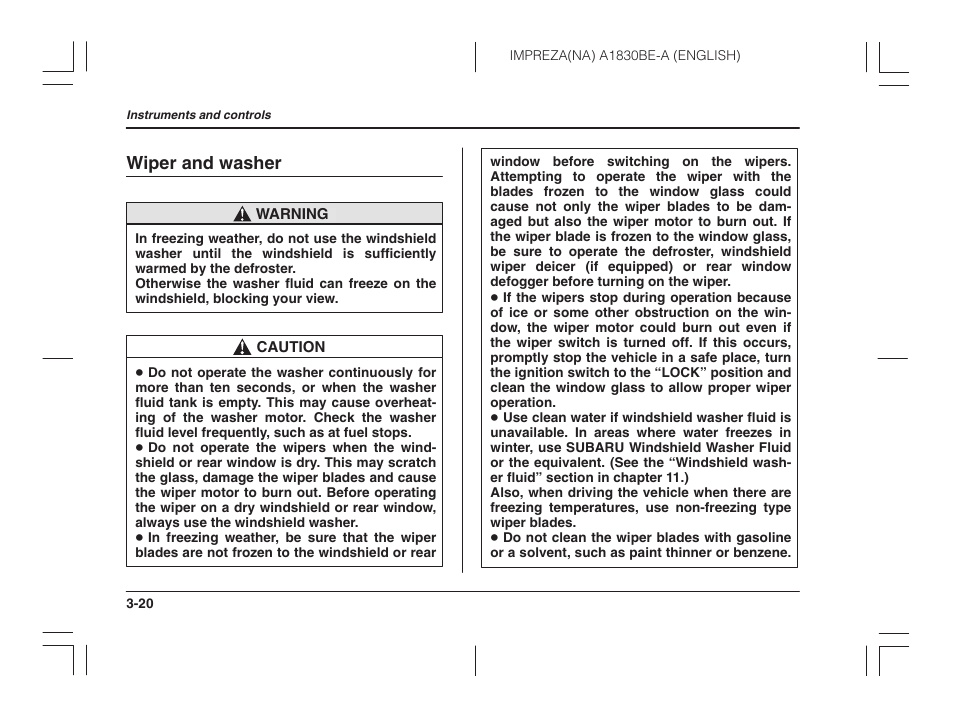 Wiper and washer | Subaru 2002 Impreza User Manual | Page 133 / 390