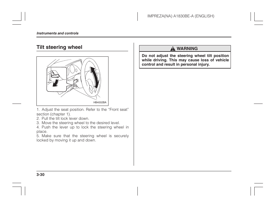 Tilt steering wheel | Subaru 2002 Impreza User Manual | Page 143 / 390