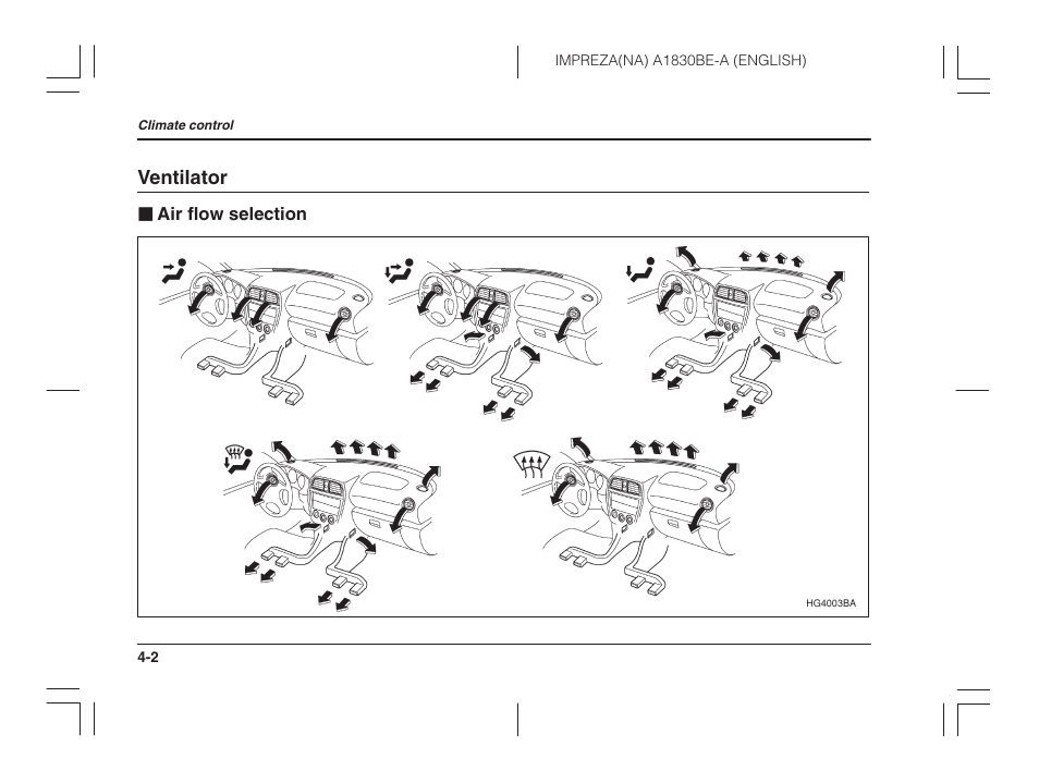 Ventilator, Air flow selection | Subaru 2002 Impreza User Manual | Page 147 / 390