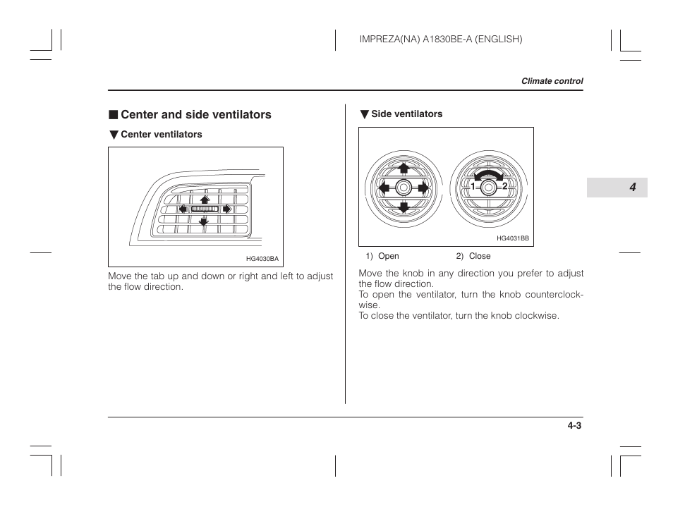 Center and side ventilators, J center and side ventilators | Subaru 2002 Impreza User Manual | Page 148 / 390