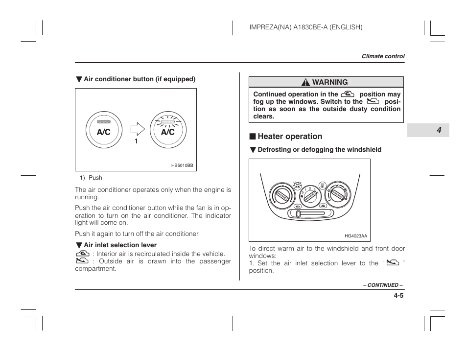 Heater operation | Subaru 2002 Impreza User Manual | Page 150 / 390