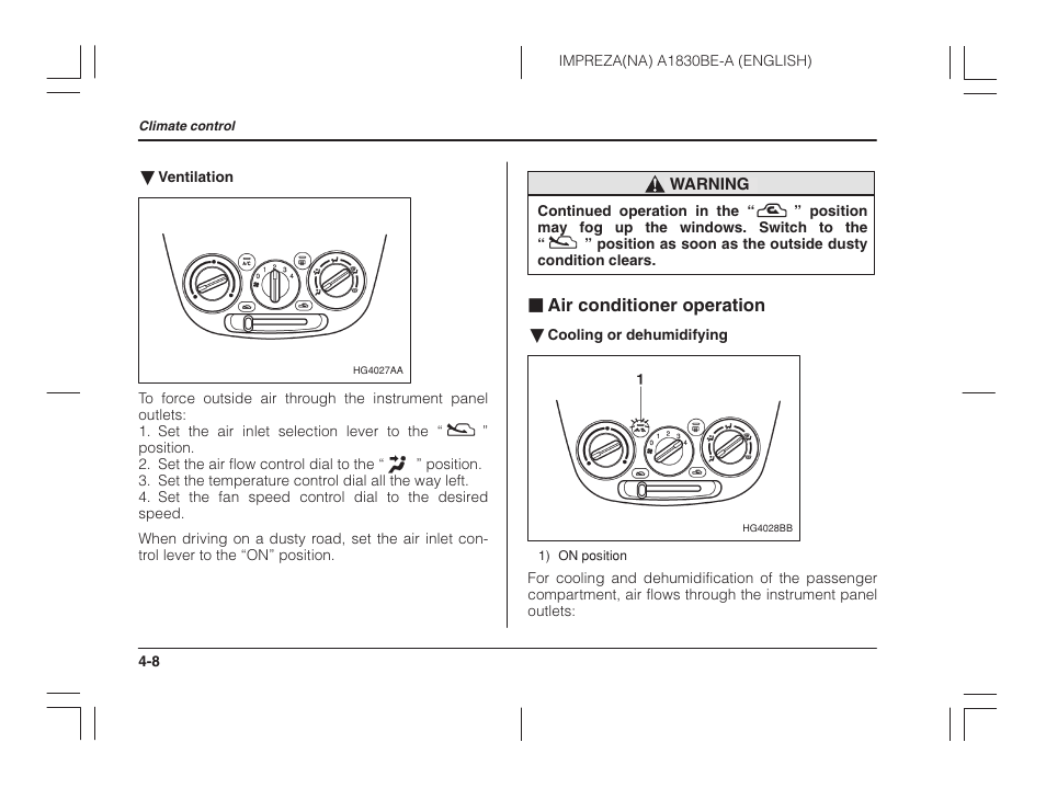 Air conditioner operation | Subaru 2002 Impreza User Manual | Page 153 / 390