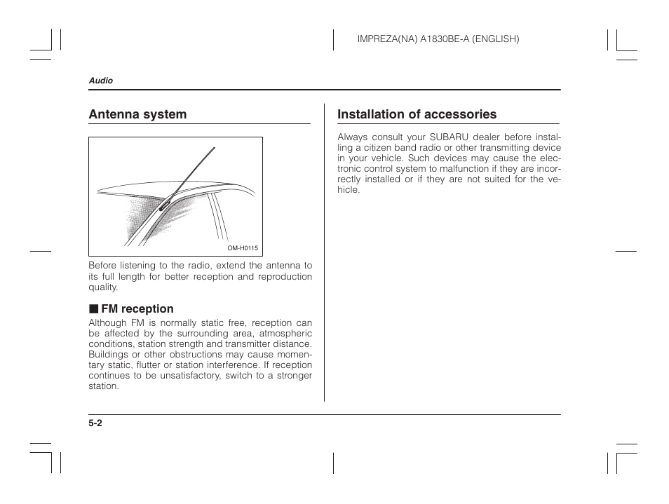 Antenna system, Fm reception, Installation of accessories | Subaru 2002 Impreza User Manual | Page 159 / 390