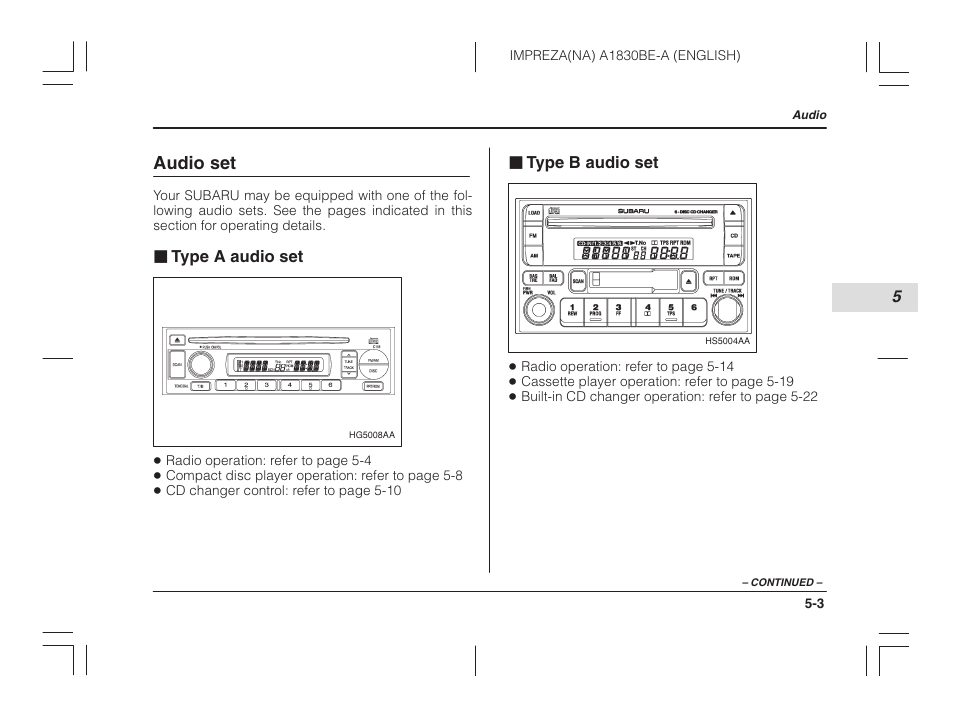 Audio set, Type a audio set, Type b audio set | Subaru 2002 Impreza User Manual | Page 160 / 390