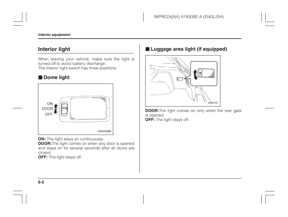 Interior light, Dome light, Luggage area light (if equipped) | Subaru 2002 Impreza User Manual | Page 187 / 390