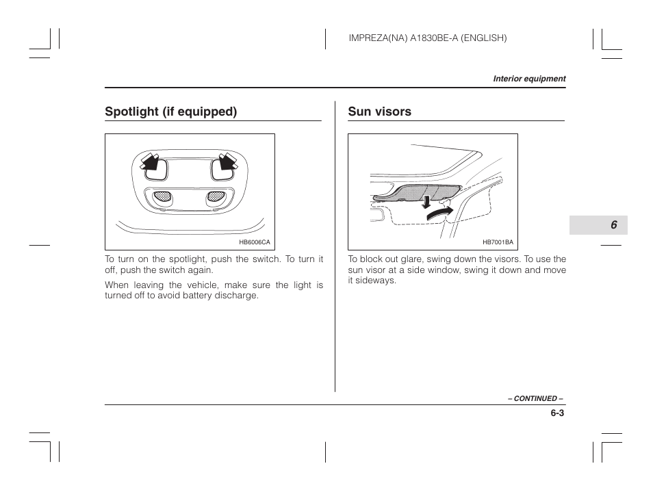 Spotlight (if equipped), Sun visors | Subaru 2002 Impreza User Manual | Page 188 / 390