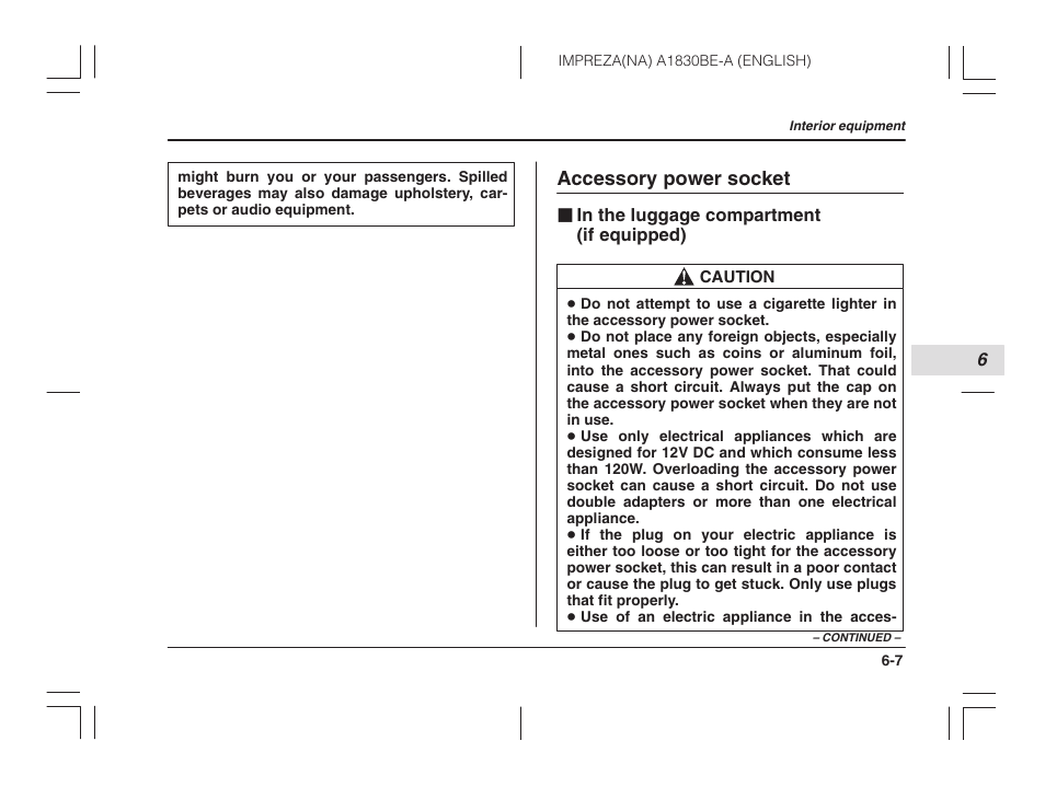Accessory power socket, In the luggage compartment (if equipped) | Subaru 2002 Impreza User Manual | Page 192 / 390