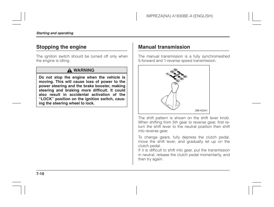 Stopping the engine, Manual transmission | Subaru 2002 Impreza User Manual | Page 211 / 390