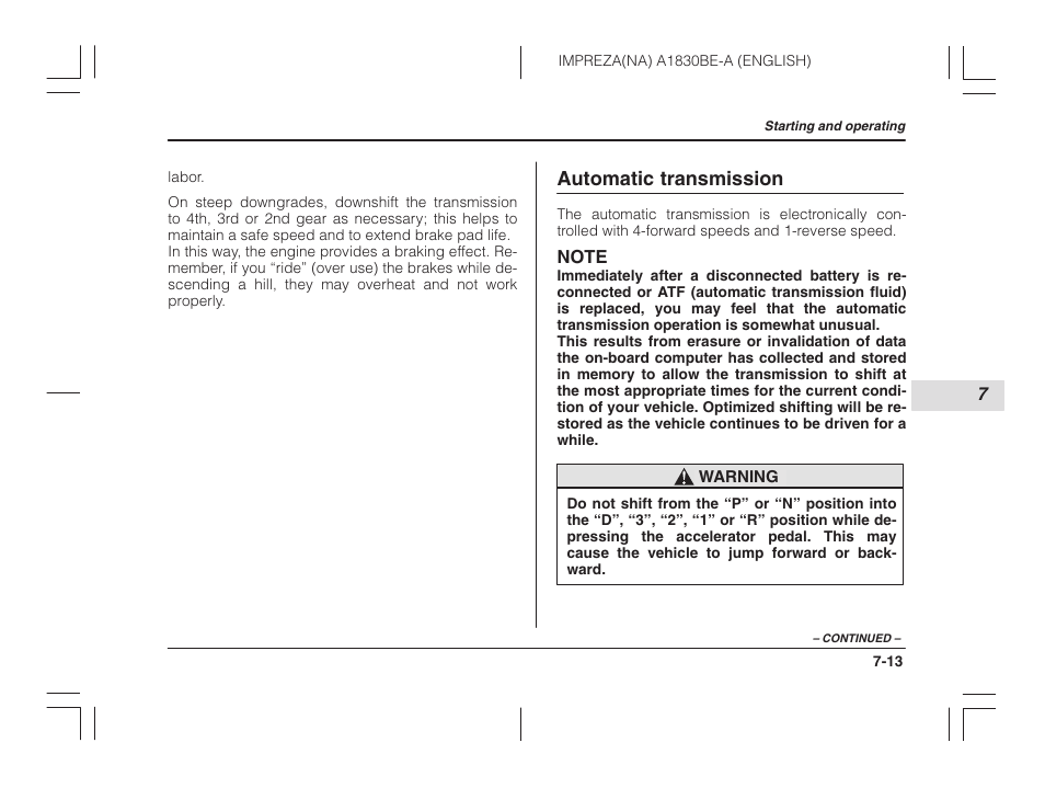 Automatic transmission | Subaru 2002 Impreza User Manual | Page 214 / 390