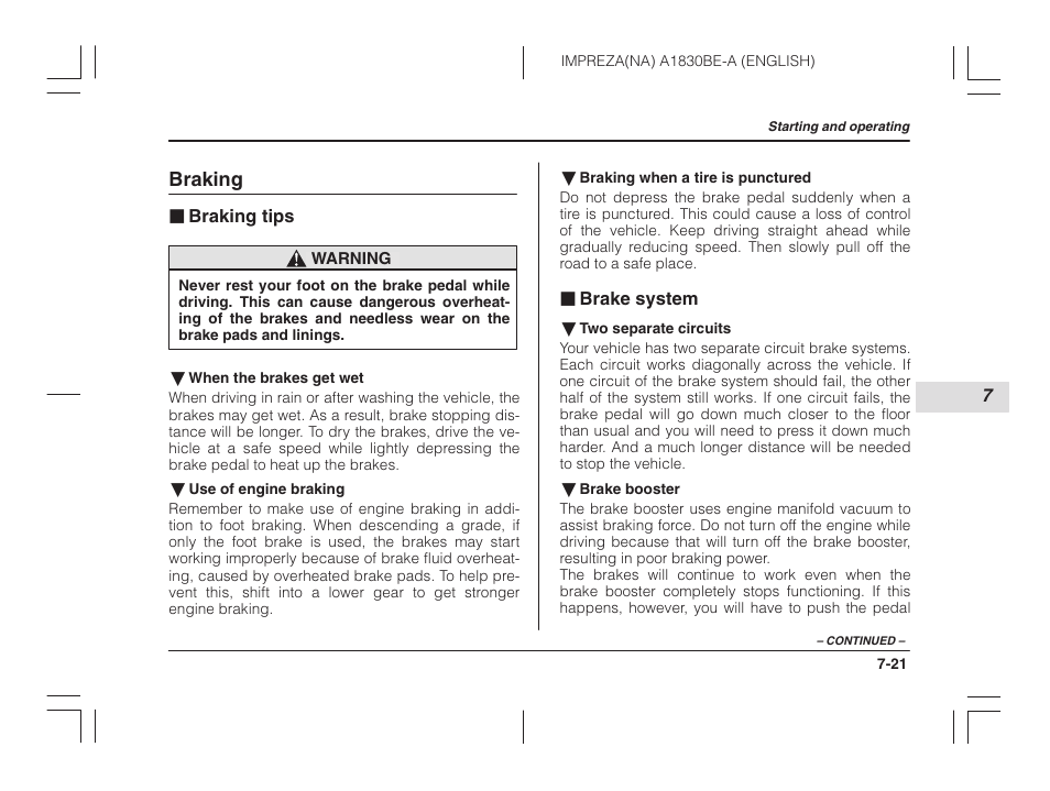 Braking, Braking tips, Brake system | Subaru 2002 Impreza User Manual | Page 222 / 390
