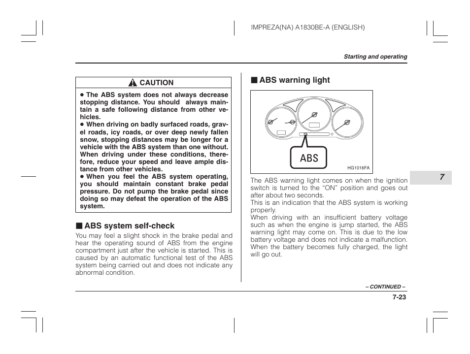 Abs system self-check, Abs warning light | Subaru 2002 Impreza User Manual | Page 224 / 390