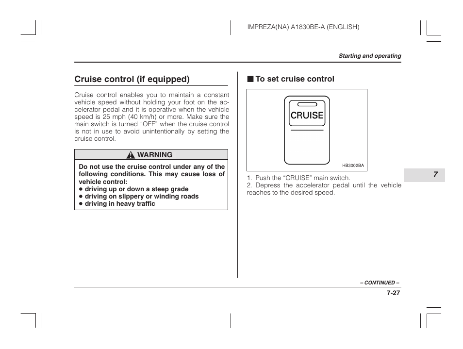 Cruise control (if equipped), To set cruise control | Subaru 2002 Impreza User Manual | Page 228 / 390