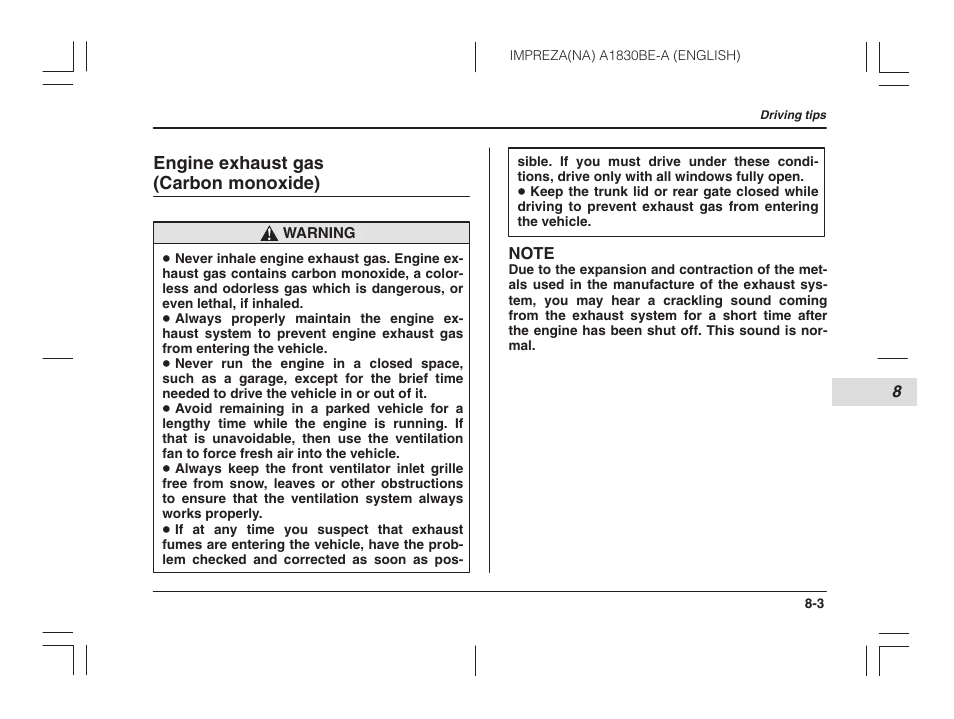 Engine exhaust gas (carbon monoxide) | Subaru 2002 Impreza User Manual | Page 234 / 390