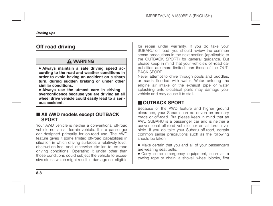 Off road driving, All awd models except outback sport, Outback sport | Subaru 2002 Impreza User Manual | Page 239 / 390