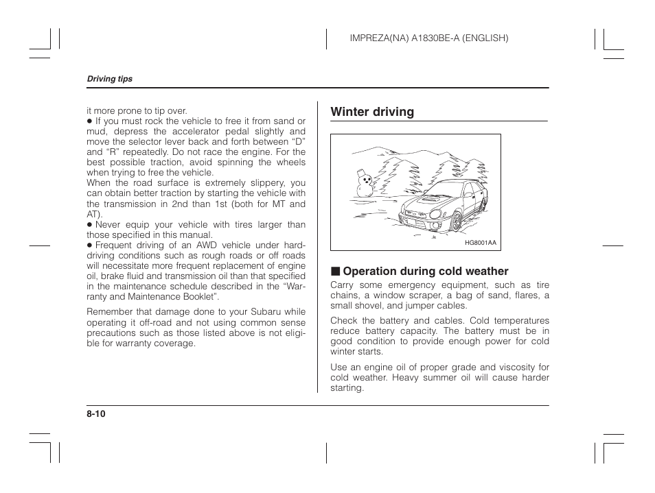 Winter driving, Operation during cold weather | Subaru 2002 Impreza User Manual | Page 241 / 390