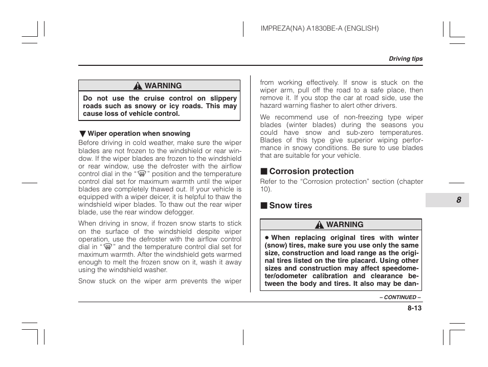 Corrosion protection, Snow tires | Subaru 2002 Impreza User Manual | Page 244 / 390