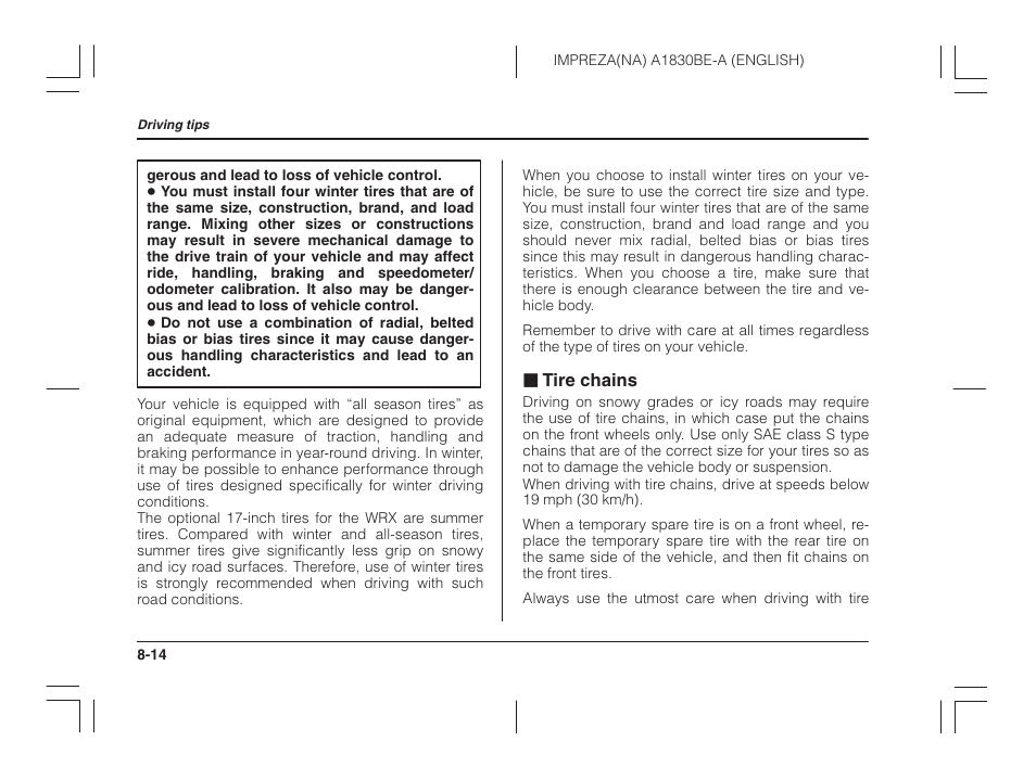 Tire chains | Subaru 2002 Impreza User Manual | Page 245 / 390