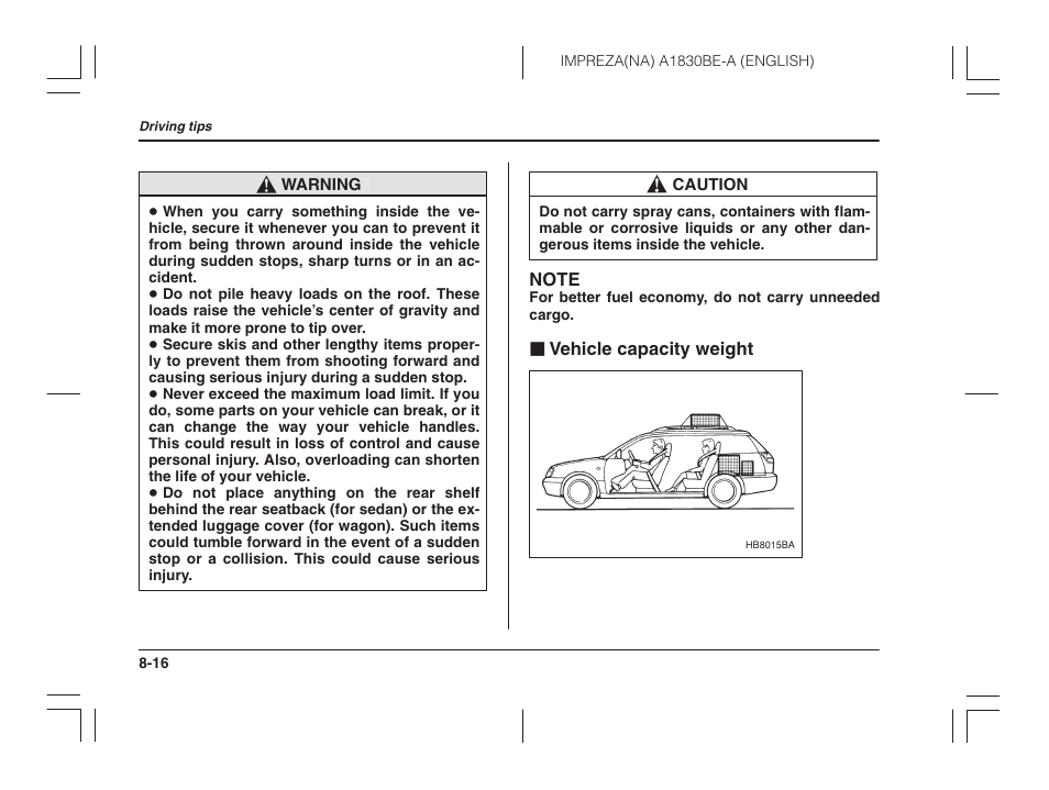 Vehicle capacity weight | Subaru 2002 Impreza User Manual | Page 247 / 390