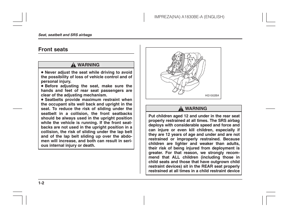 Front seats | Subaru 2002 Impreza User Manual | Page 25 / 390