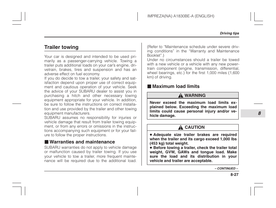 Trailer towing, Warranties and maintenance, Maximum load limits | Subaru 2002 Impreza User Manual | Page 258 / 390