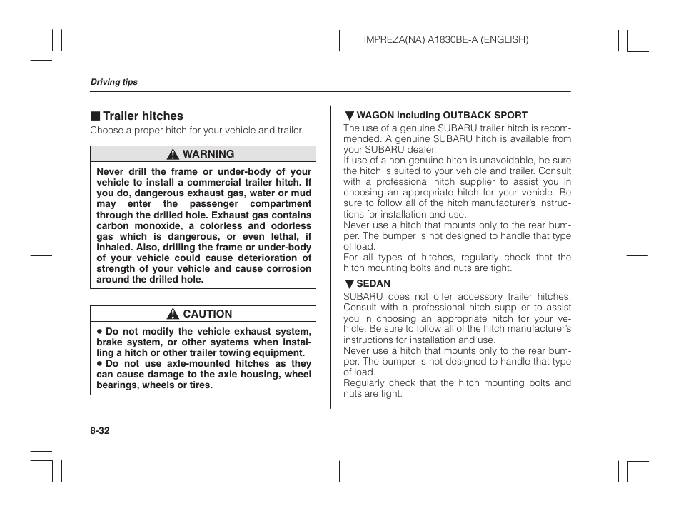 Trailer hitches | Subaru 2002 Impreza User Manual | Page 263 / 390