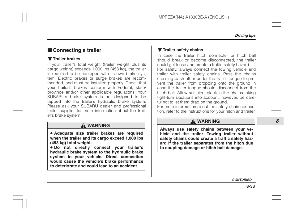 Connecting a trailer | Subaru 2002 Impreza User Manual | Page 264 / 390