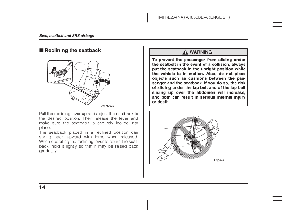 Reclining the seatback | Subaru 2002 Impreza User Manual | Page 27 / 390
