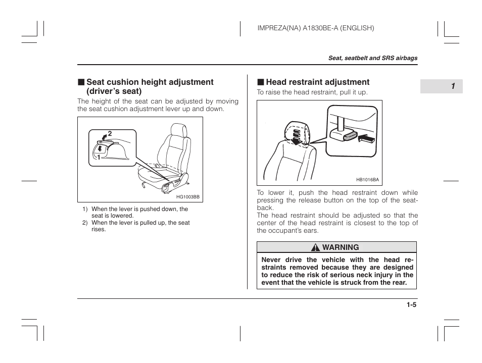 Seat cushion height adjustment, Driver’s seat), Head restraint adjustment | Subaru 2002 Impreza User Manual | Page 28 / 390