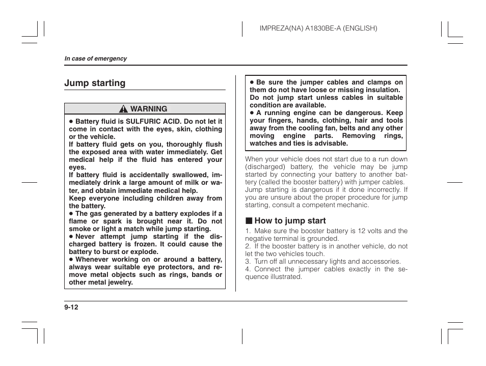 Jump starting, How to jump start | Subaru 2002 Impreza User Manual | Page 281 / 390
