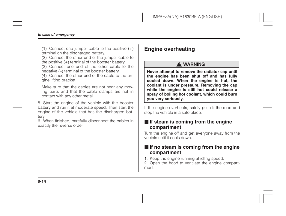 Engine overheating, If steam is coming from the engine, Compartment | If no steam is coming from the engine | Subaru 2002 Impreza User Manual | Page 283 / 390