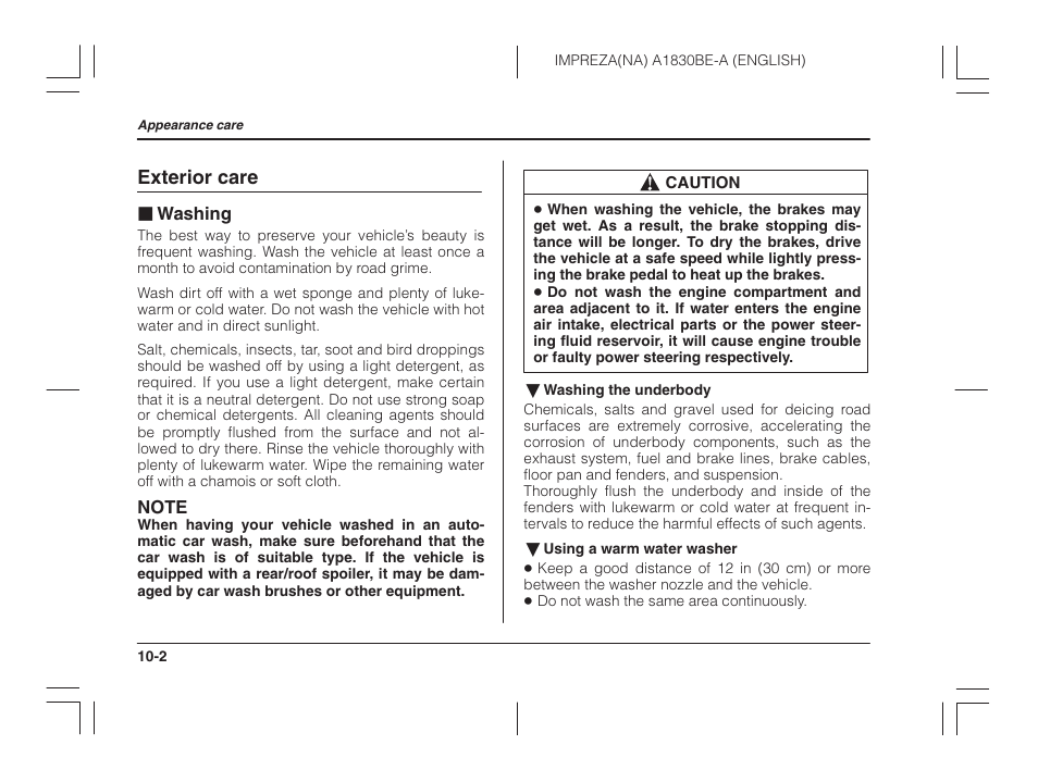 Exterior care, Washing | Subaru 2002 Impreza User Manual | Page 293 / 390