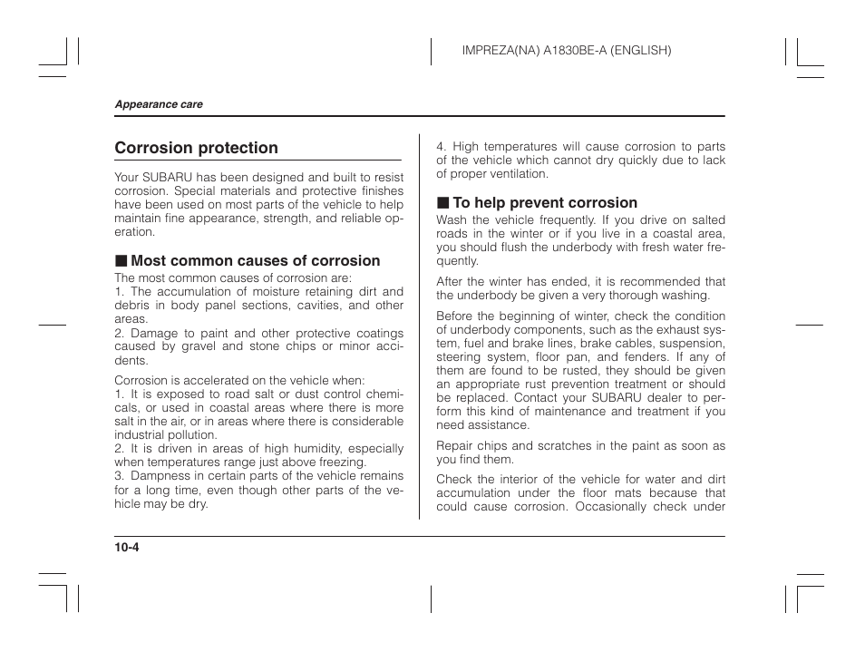 Corrosion protection, Most common causes of corrosion, To help prevent corrosion | Subaru 2002 Impreza User Manual | Page 295 / 390