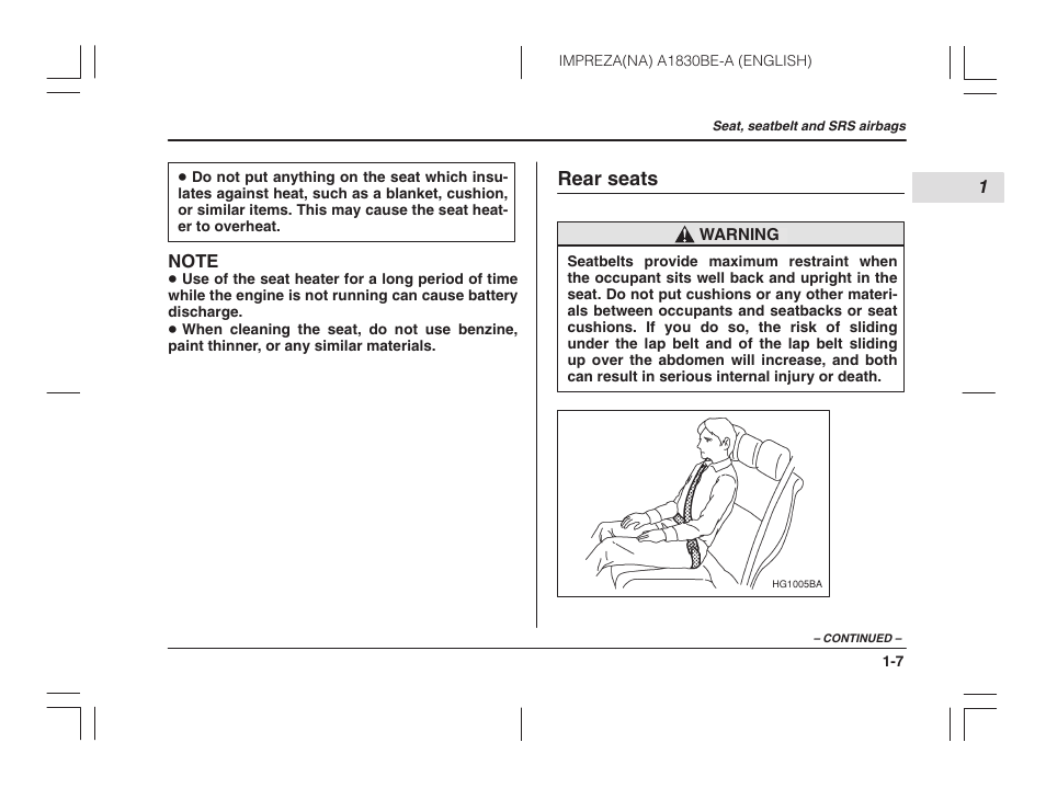 Rear seats | Subaru 2002 Impreza User Manual | Page 30 / 390