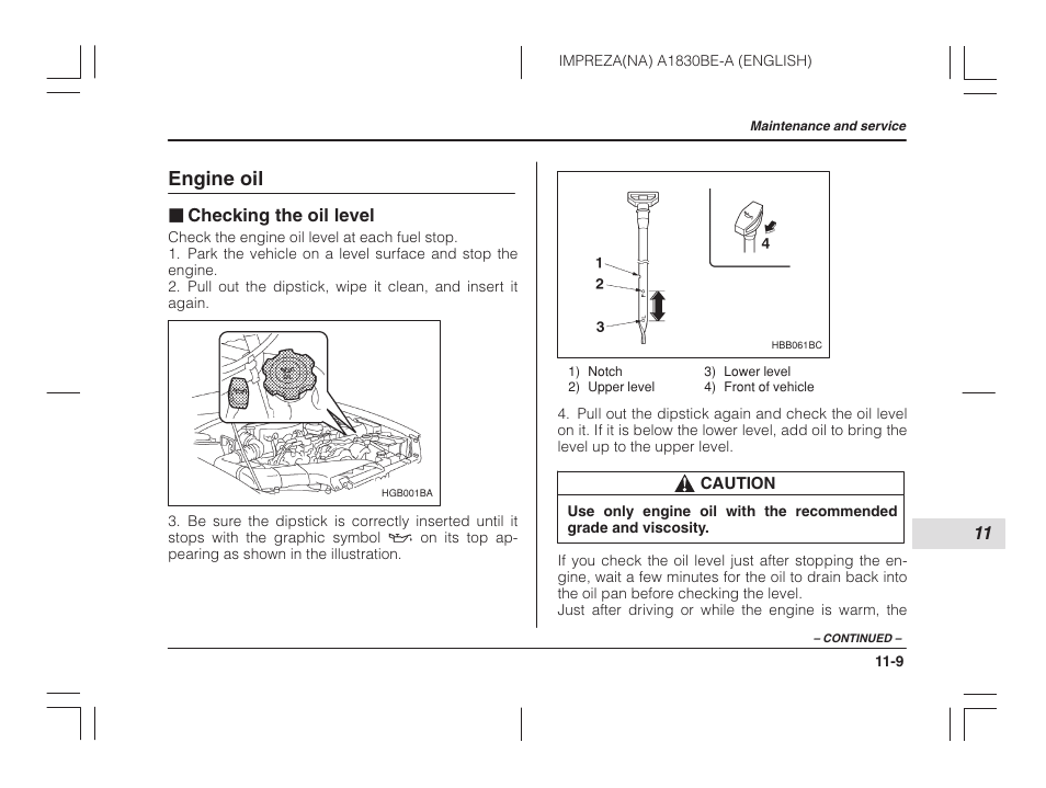 Engine oil, Checking the oil level | Subaru 2002 Impreza User Manual | Page 306 / 390