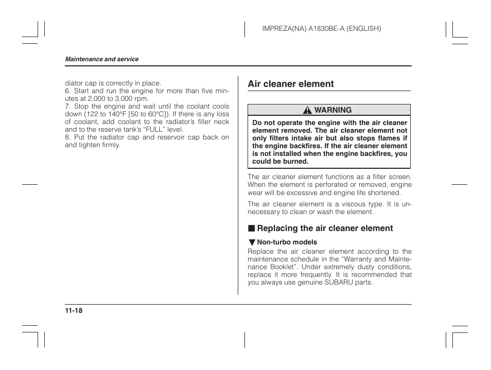 Air cleaner element, Replacing the air cleaner element | Subaru 2002 Impreza User Manual | Page 315 / 390