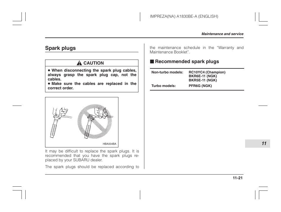Spark plugs, Recommended spark plugs | Subaru 2002 Impreza User Manual | Page 318 / 390