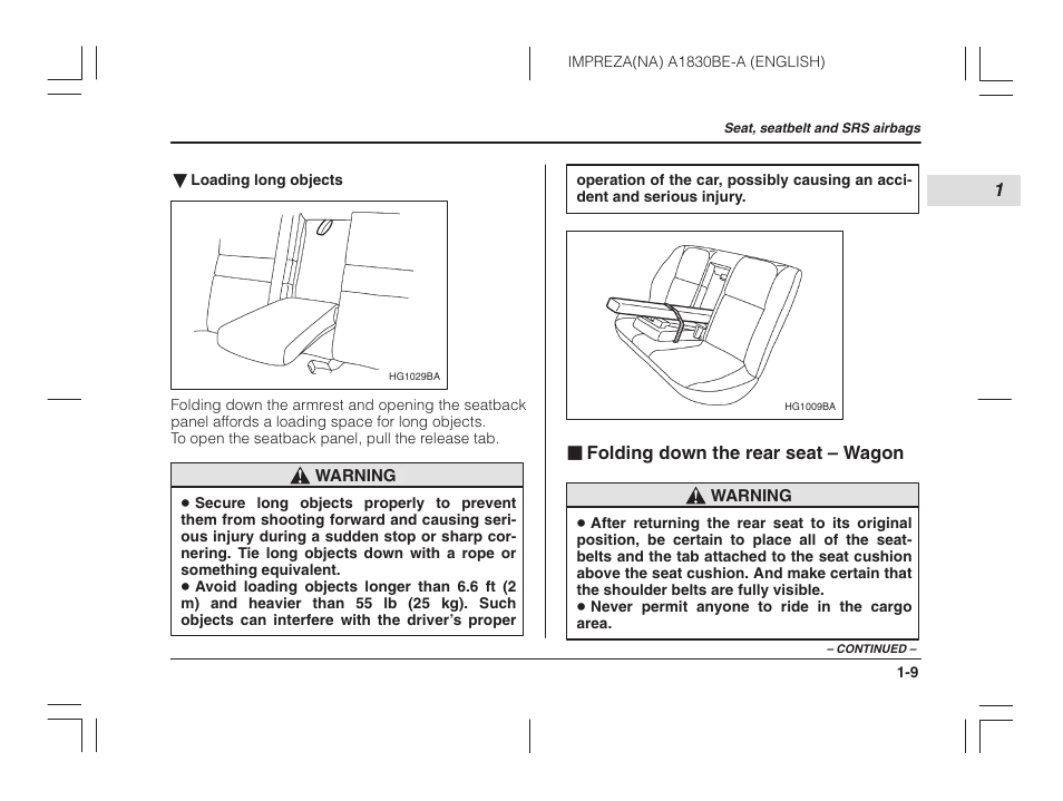 Folding down the rear seat – wagon | Subaru 2002 Impreza User Manual | Page 32 / 390