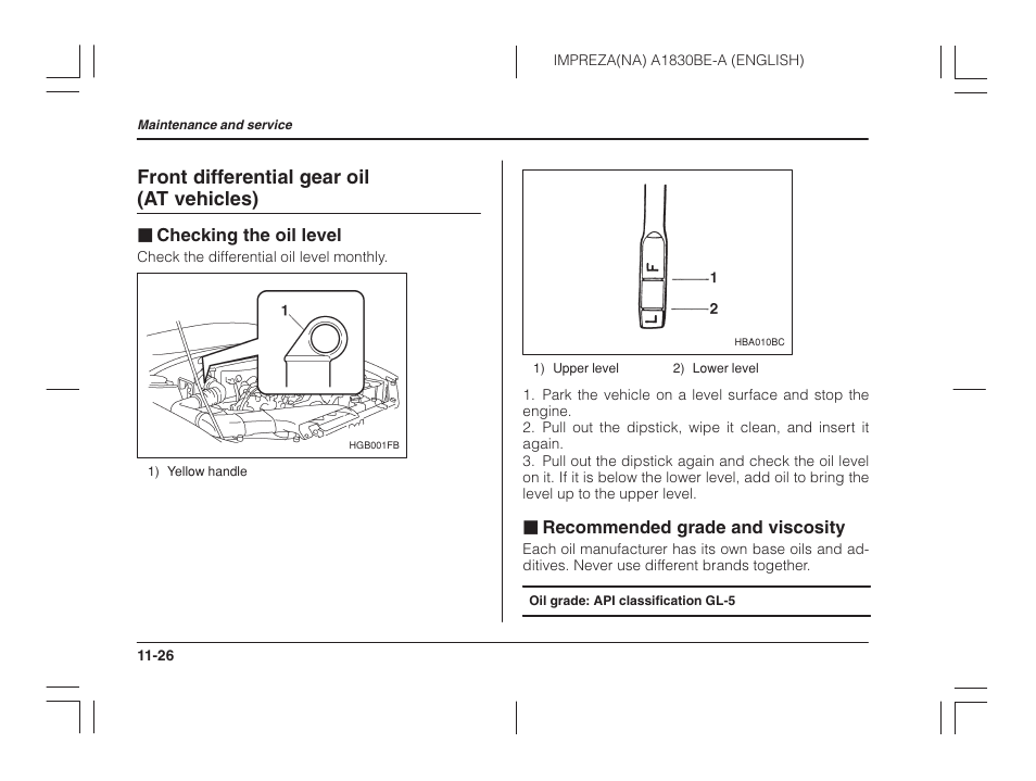 Front differential gear oil (at vehicles), Checking the oil level, Recommended grade and viscosity | Subaru 2002 Impreza User Manual | Page 323 / 390