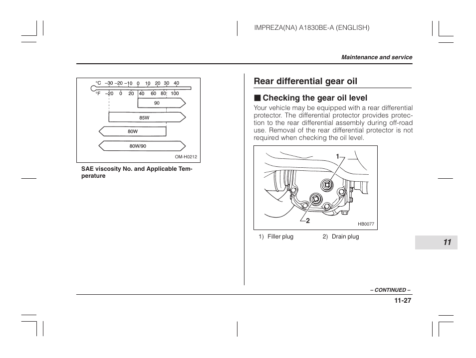Rear differential gear oil, Checking the gear oil level | Subaru 2002 Impreza User Manual | Page 324 / 390