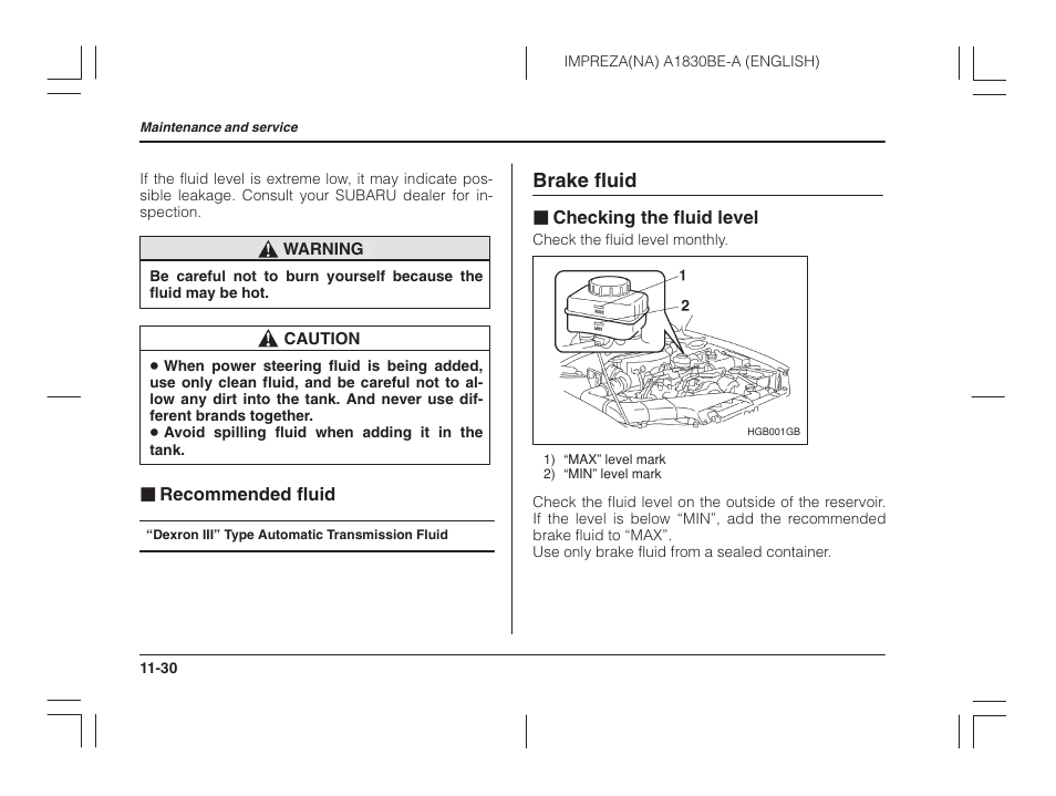 Recommended fluid, Brake fluid, Checking the fluid level | Subaru 2002 Impreza User Manual | Page 327 / 390
